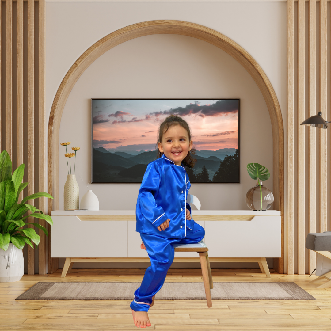 Lacivert Renk İpek Saten Uzun Kollu Çocuk Pijama Takımı