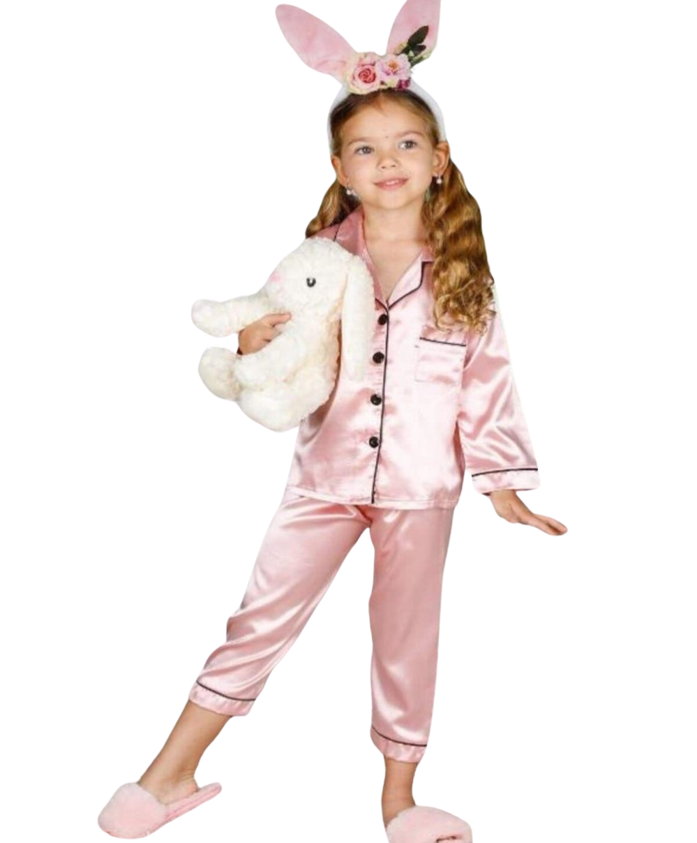 Toz Pembe Renk İpek Saten Uzun Kollu Çocuk Pijama Takımı